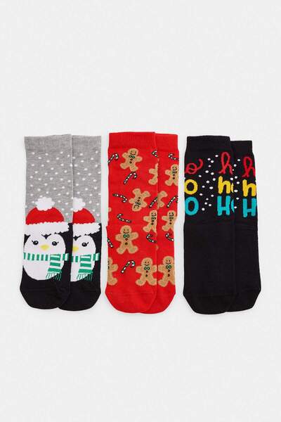 Trendyol Collection Black-Multicolor 3-Piece New Year's Jacquard Knitted Sock...