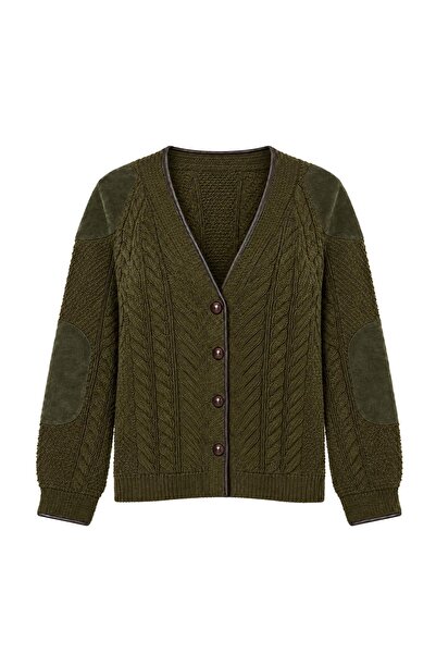 Trendyol Collection كارديجان تريكو من الجلد الناعم باللون الكاكي مع تفاصيل مز...