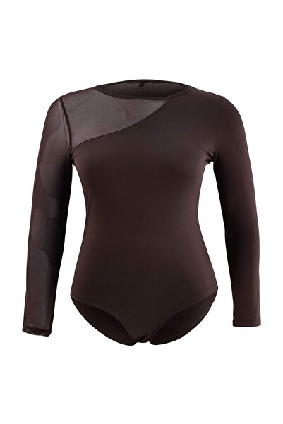 Trendyol Curve Brown Tulle Detailed Snap Fastener Flexible Knitted Bodysuit T...