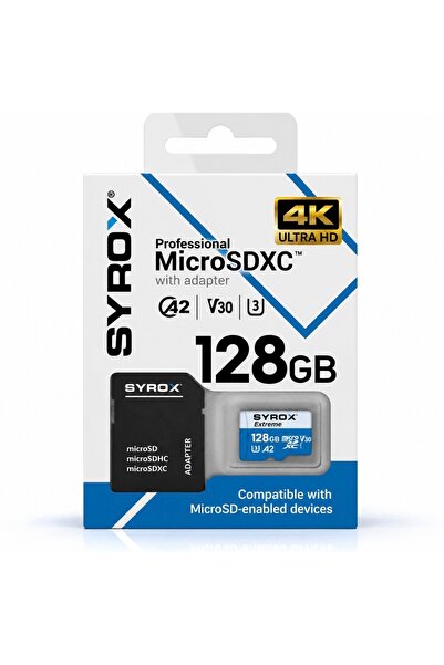 Syrox 128GB SD KART (HAFIZA KARTI + ADAPTÖR DAHİL ) ( 4K , V30 , A2 , U3 HD C...