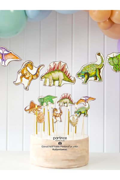 partince 3 Parça Dinozor Tema Pasta Süsü Cake Topper Banner Ve 6'lı Gold Mum ...