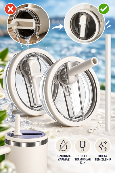 Stanley Quencher 40 Oz Uyumlu Pipetli Termos Sızdırmaz Kapak Seti Krem – Pipe...