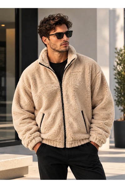 Shine Stone Sütlü Kahve Peluş Dik Yaka Oversize Ceket