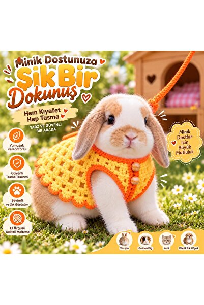 El Emeği Sevimli Tavşan Gezdirme Yeleği Seti - Canlı Renkler(BEL ÇEVRESİ 18CM-UZUNLUK 14CM)