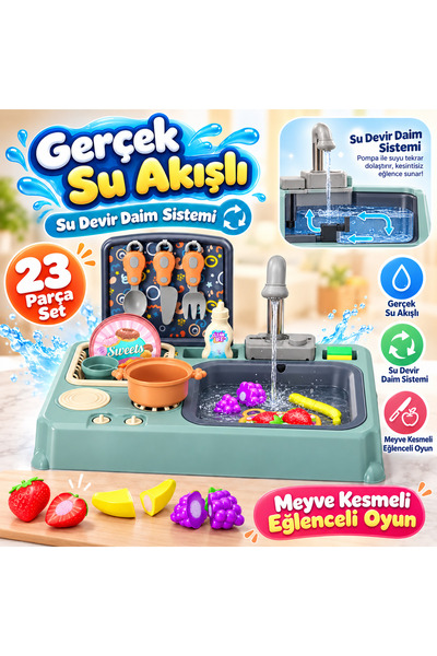 Uçar Oyuncak Gerçek Su Akışlı Su Devir Daimli Meyve Kesmeli Lavabo Seti 23 Parça