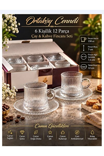 ORTAKÖYCENNETİ 12 parça 6 kişilik Cam çayi Fincan Seti Çizgili n. Kahve Seti ...