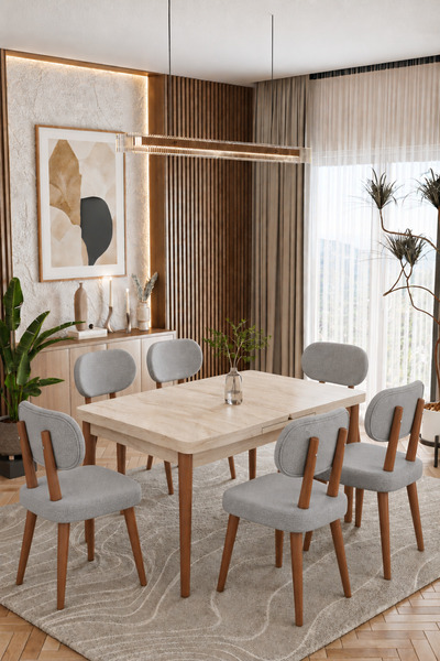 UZMHOME 80 x 130 Açılabilir Traverten Mutfak Masa Takımı Yemek Odası Takımı S...