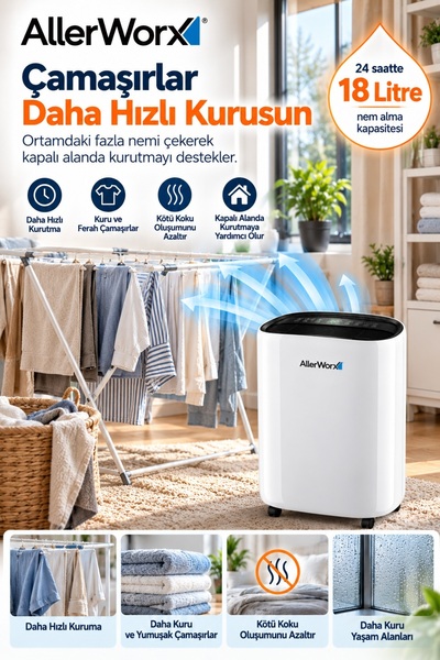 Nem Alma Cihazı 18 Litre – Nem Alıcı, Rutubet Önleyici, Akıllı Otomatik Nem Kontrolü (40-50 m²)