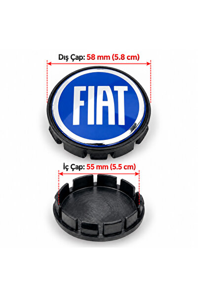 MOZOKO Fiat Logolu Mavi 58 mm Dış 55 mm İç Çap Geçmeli 3D Jant Göbeği Kapak S...