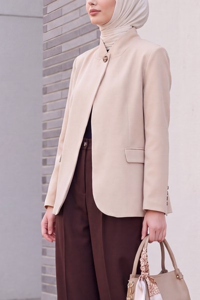 Modamorfo Women's Single Button Oversize Blazer Jacket 0749 - Beige