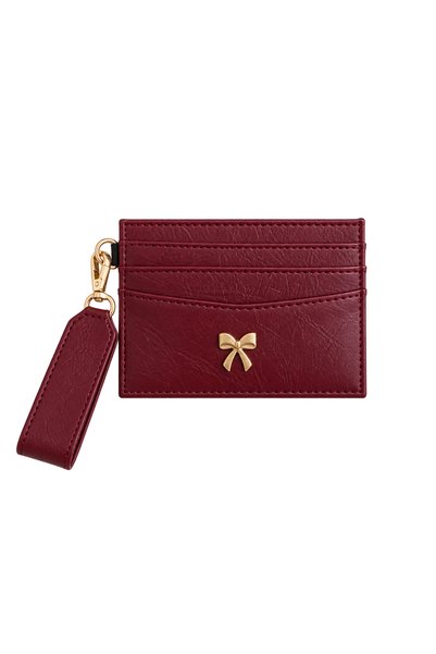 Pratsska Burgundy Leather Card Holder – Minimalist Women's Card Wallet with Strap