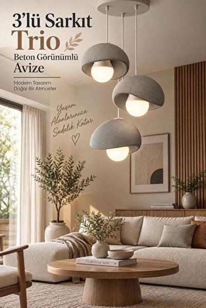 Madam Mumu 3'lü Sarkıt Trio Beton Görünümlü Gri Avize E27& Modern (E27Ampulle...