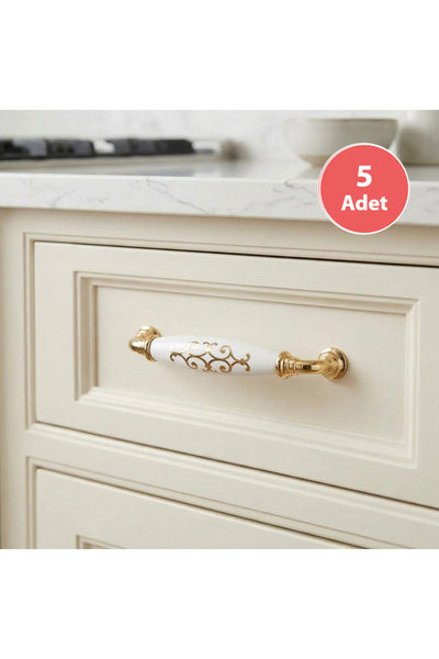 Tomurcuk 5 Adet Tomurcuk Porselen Mobilya Kulp 96 mm Altın Yaldız Desen