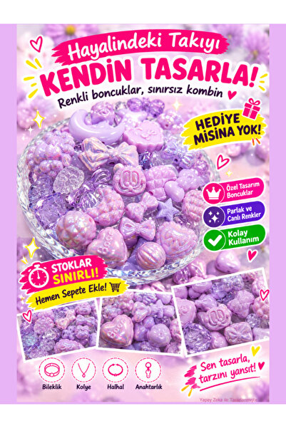Lila Mor Jelly Charm Boncuk Karışık 30 Adet Figür Plastik Boncuk