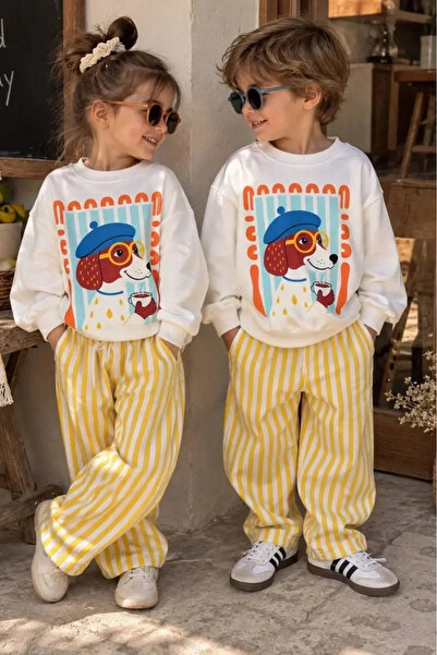 Kidmark Çocuk Modası بدلة مخططة باللون الأصفر مطبوعة عليها كلب للأولاد