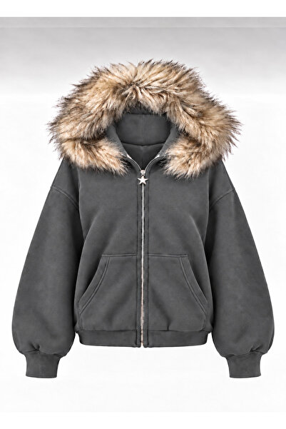 nathia outdoors Kapüşonlu Kürk Detaylı Basic Vorteks Kadın Hırka
