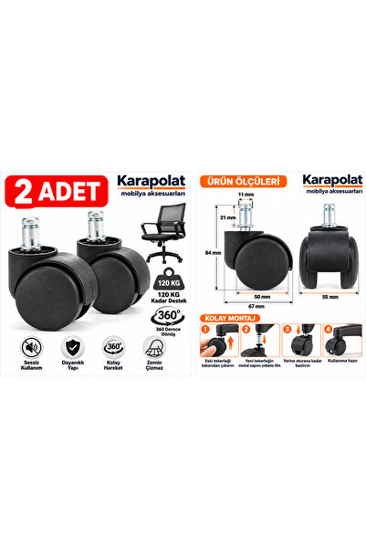 KARAPOLAT Ofis Koltuğu Tekerleği 50 mm Pimli 2 Adet Sandalye Koltuk Tekeri