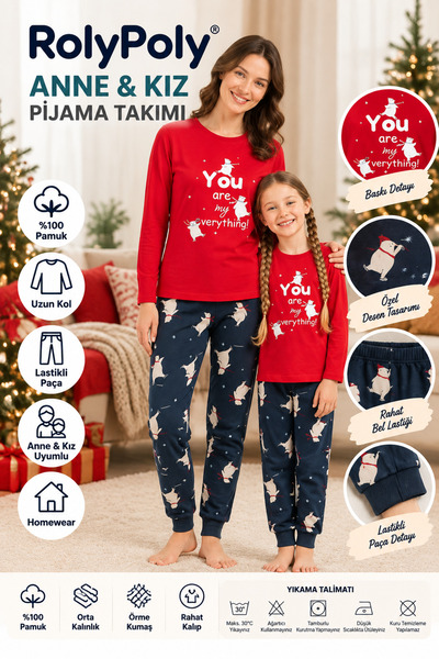 Rolypoly You Are My Everything Anne Kız Kırmızı Uzun Kol Pijama Takım
