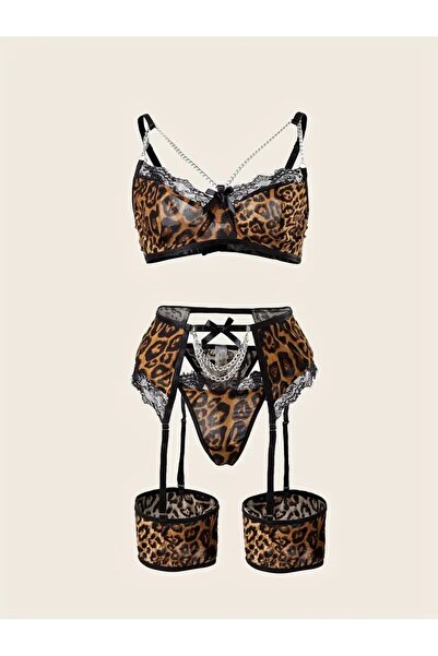 BERZÜM Kadın Seksi Leopar Desenli İç Çamaşırı Takımı 5 Parça Zincir Detaylı D...