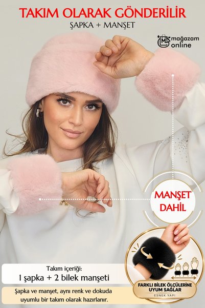 Mağazam Online Premium British Royal Style Kalpak Hat Women's Winter Beanie Plush Faux Fur - Mink Pink