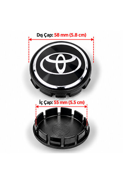 MOZOKO Toyota Uyumlu 58/ 55 mm Siyah Geçmeli Jant Göbeği Kapak Seti, 4 Adet K...
