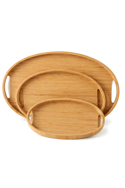 MAKRİ HOME Bambu Oval 3'lü Tepsi Seti. Küçük Tepsi: 20x29 cm. Orta Tepsi: 26x...
