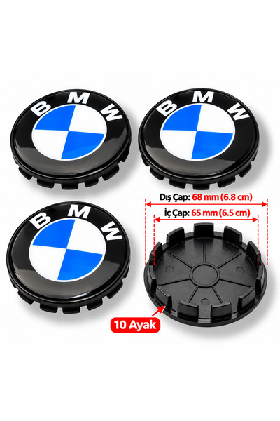 MOZOKO 68 65 mm BMW Logolu Siyah Jant Göbeği Kapağı 10 Ayaklı Geçmeli Jant Ka...