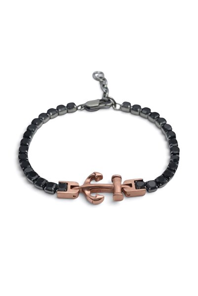HERİF Anchor Motif Black Zircon Stone Men's Steel Bracelet - Adjustable 21 cm