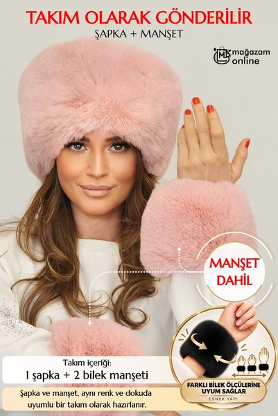 Mağazam Online Fluffy Dense Furry Plush Faux Fur Kalpak Hat Women's Winter Beanie - Tuscany Pink