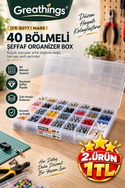 Greathings 40 Bölmeli Şeffaf Organizer Kutu Kapaklı Çok Amaçlı Vida Boncuk Ta...