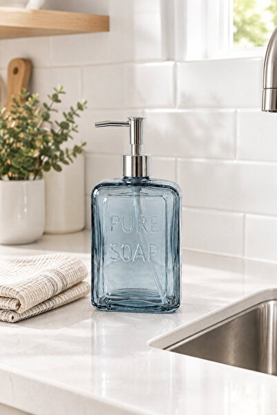 MAKRİ HOME Colorful Glass Liquid Soap Dispenser, 500 Ml, Blue