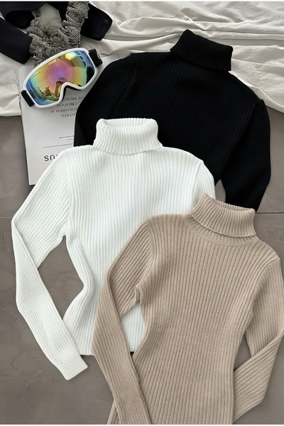 Buteks Bej Pamuk Dokulu Balıkçı Yaka Slim Fit Unisex Günlük Uzun Boğazlı Kaza...