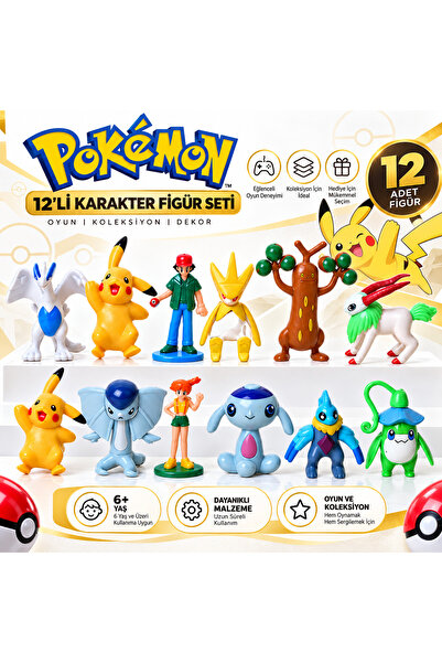 e-life shop Pokemon Pikachu 12'li Karakter Figür Seti Anime Oyuncak Koleksiyo...