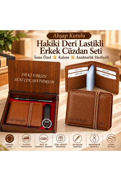 HKY Ahşap Kutulu Hakiki Deri Lastikli Erkek Cüzdan Set Isme Özel Kalem Anahta...