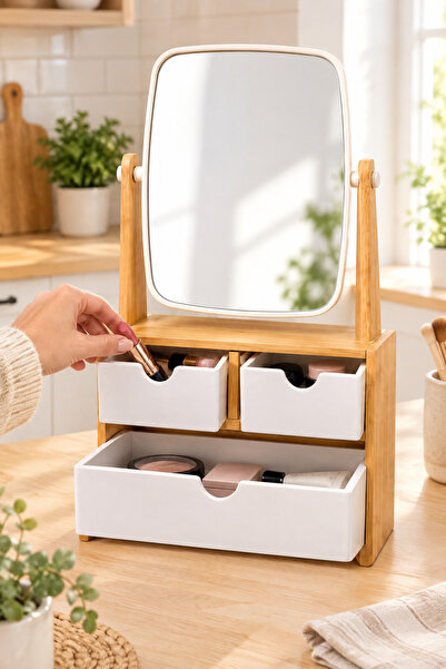 MAKRİ HOME Oglindă cu sertar din bambus – Organizator cu oglindă, 30 x 18 x 9 cm