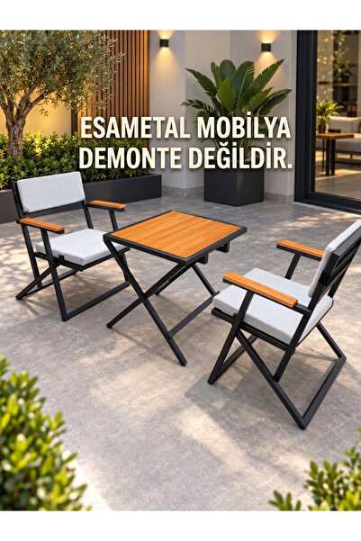 ESAMETAL MOBİLYA 2+1 GRİ UV Minderli Bahçe Mutfak Balkon 3lü Bistro Set Katla...