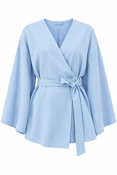 Laluvia Blue Button Detailed Belted Kimono - 005