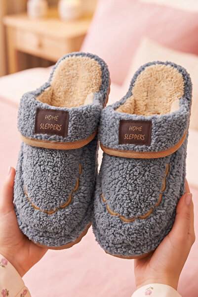 StWenn Gray Women's Fur Lined Plush House Slippers Closed Toe Non-Slip Sole W...