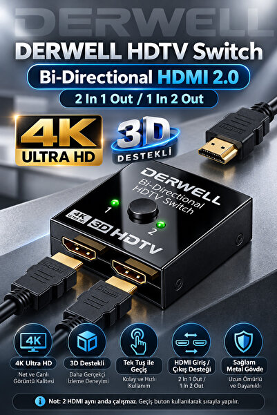 Derwell 2 Port 4K Ultra HD Çift Yönlü Hdmi Switch Splitter Ekran Monitör Görü...
