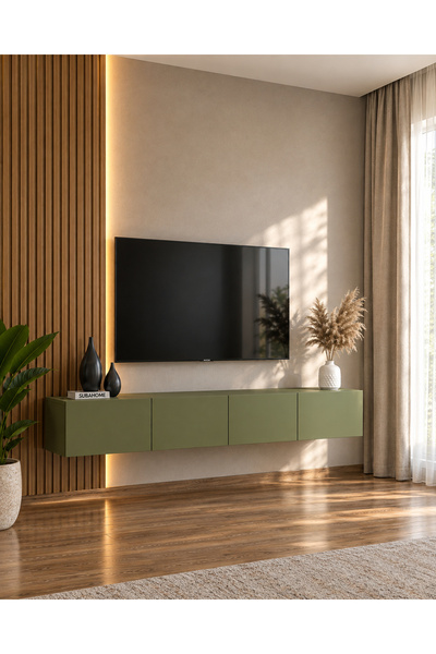 subahome Modern Duvara Monte TV Sehpası 160 cm – MDF Ihlamur Yeşili 4 Kapaklı...