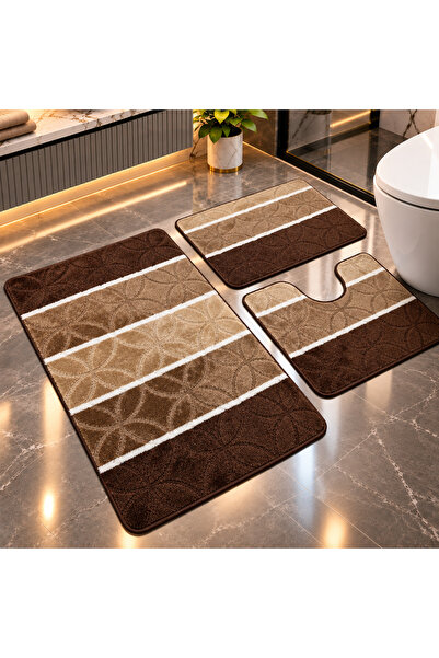 OPTIM DEKO Covorase Baie Premium, ®OPTIMDEKO, 3 Piese, Polipropilena, Antiderapante si Absorbante, Textura Moale, Design Elegant 100x60, 60x50, 40x60, Maro Multicolor