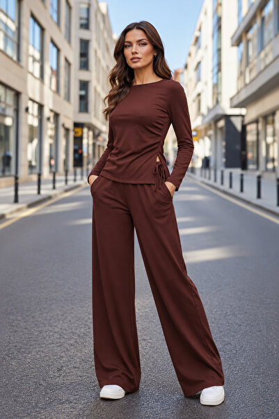Moda Banuş Modal Fabric Wide Leg Sweatpants Set Brown