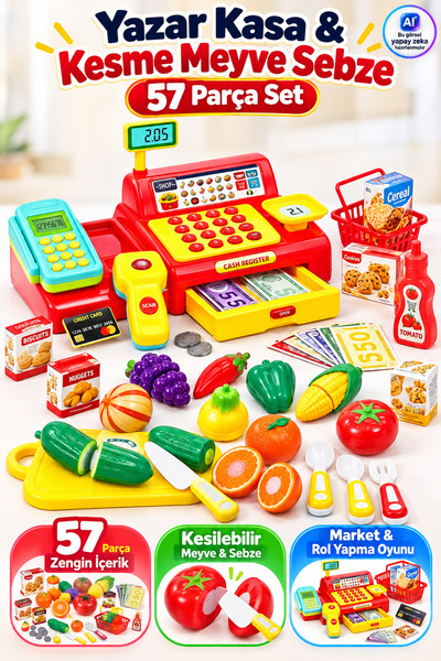 YILDIRIM OYUNCAK Joy Market Yazar Kasası 43 Parça- 14 Parça Kesme Meyve Sebze...