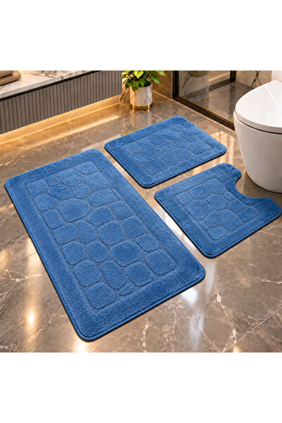 OPTIM DEKO Covorase Baie Premium, ®OPTIMDEKO, 3 Piese, Polipropilena, Antiderapante si Absorbante, Textura Moale, Design Elegant, 100x60, 60x50, 40x60, Albastru Uni