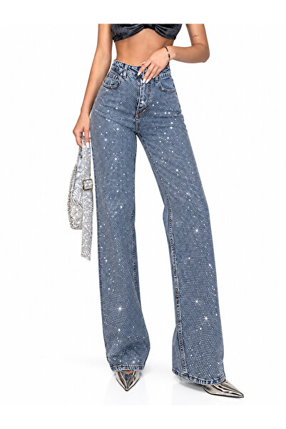 Tasarım Pinterst Model Kot Pantolon Jeans İthal Kumaş Kalite Palazzo Pantolon Taşlı Yılbaşı