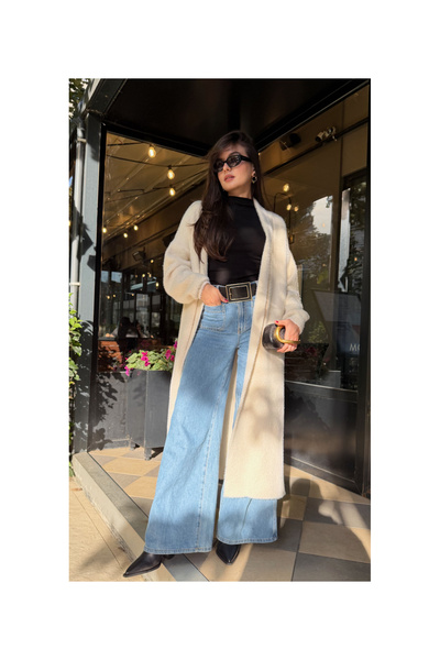 Vaveyla Kadın Krem Yumuşak Dokulu Şal Yaka Sakal Hırka | Oversize & Rahat Model