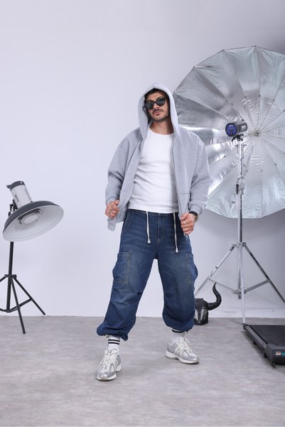 Generic Brand Hanorac oversize pentru bărbați, cu glugă și fermoar – Cardigan cu fermoar bidirecțional