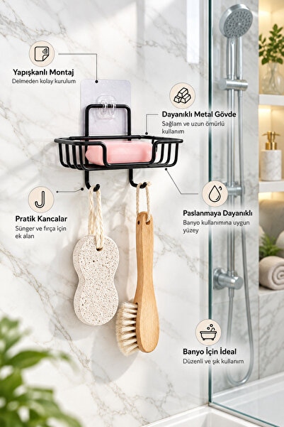 UG Home Siyah Yapışkanlı Kancalı Katı Sabunluk Tutucu Bulaşık Süngerlik Düzen...