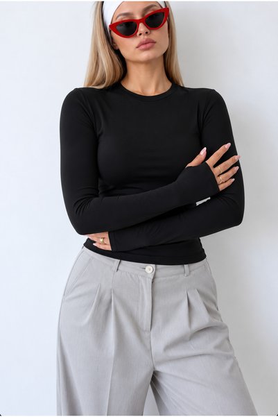 glanour Women's Black Crew Neck Finger Detail Blouse Slim Body with Fleece Inside