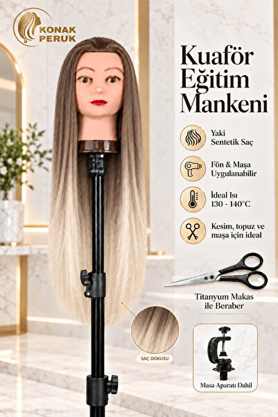 KONAK PERUK Kuaför Eğitim Mankeni - Yaki + Masa Aparatı + Makas - Kahverengi ...